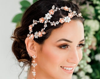 Dahlia Bridal Hair Vine, Bohemian Flower Crown, Rose Gold Crystal Headpiece for Garden Wedding | Last Chance Sample SALE | 50% Off