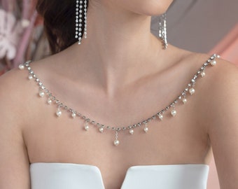 Alexi Shoulder Necklace, Crystal & Pearl Necklace for Strapless Wedding Dress, Bridal Necklace, Wedding Necklace, Bridal Jewelry