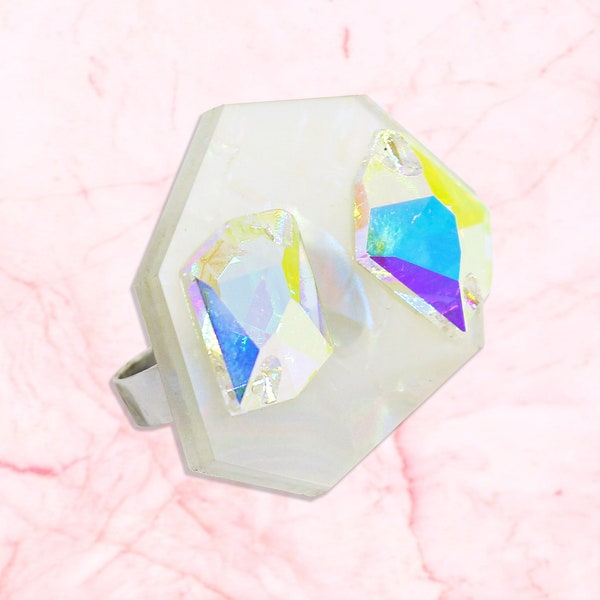 Zephyr Statement Ring, Hexagon Ring, Crystal Ring, Geometric Ring, Iridescent Ring Christmas Gift for Her, Acrylic Ring, Cocktail Ring