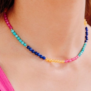 Ashnikko Multi Colour Stone Beaded Necklace, Natural Stone Layering Necklace, Dainty Stone Necklace, Gift for Her, Stone Choker Necklace