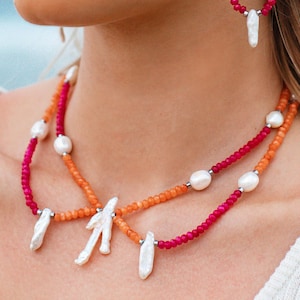 Halley Colourful Stone Bead and Freshwater Pearl Necklace, Boho Stone Necklace, Boho Jewelry Gift for Her, Bohemian Statement Necklace