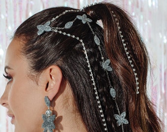 Ophelia Glitter Hair Chain, Modern Bridal Hair Accessories, Silver Hair Chain, Bridal Headpiece, Silver Head Chain, Crystal Hair Jewelry