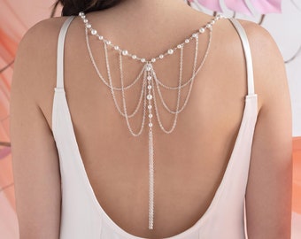 Ora Swarovski Pearl Bridal Back Necklace with Draping Chains, Modern Wedding Jewelry, Back Drop Necklace