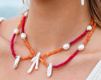 Halley Colourful Stone Bead and Freshwater Pearl Necklace, Boho Stone Necklace, Bohemian Statement Jewelry Gift for Her