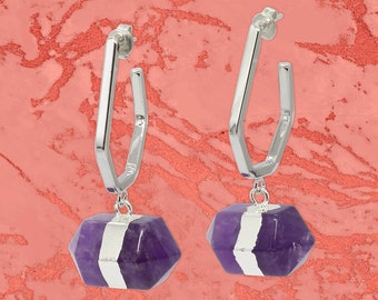 Chakra Hexagon Stone Earrings, Amethyst Earrings Silver, Rose Quartz Earrings, Boho Earrings, Birthstone Jewelry Gift for Her