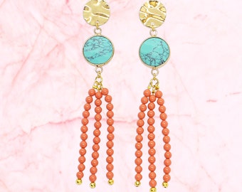 Tinashe Turquoise and Coral Tassel Earrings, Boho Earrings, Christmas Gift for Her, Bohemian Earrings, Long Tassel Earrings, Orange Earrings