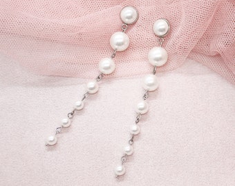 Caiti Modern Pearl Drop Earrings, Bridal Earrings, Long Pearl Earrings Wedding Jewelry, Christmas Gift for Her, Bridesmaid Earrings