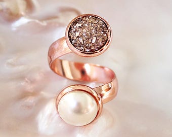 Virgo Rose Gold Ring, Modern Pearl Ring, Christmas Gift for Her, Pearl & Druzy Ring, Cocktail Ring, Adjustable Ring, Birthstone Jewelry