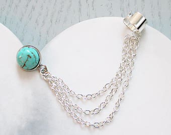 Skye Turquoise Earring Cuff, Bohemian Silver Chain Ear Climber, December Birthstone Jewelry, Birthday Gift for Her