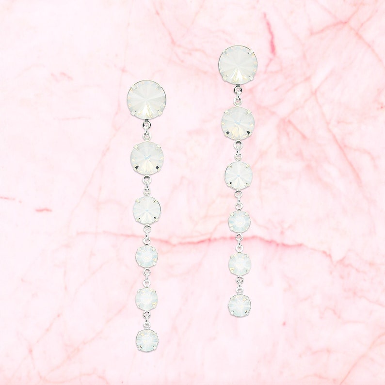 Kelsey Blue Opal Crystal Dangle Earrings, Bridal Earrings, Long Crystal Earrings, White Opal Earrings, Bridesmaid Earrings Gift for Her White