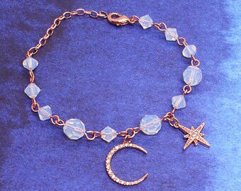 Callista Moon And Star Bracelet, Crystal Bracelet, Rose Gold Bracelet Gift for Her, Swarovski Crystal Bracelet, White Opal Bracelet