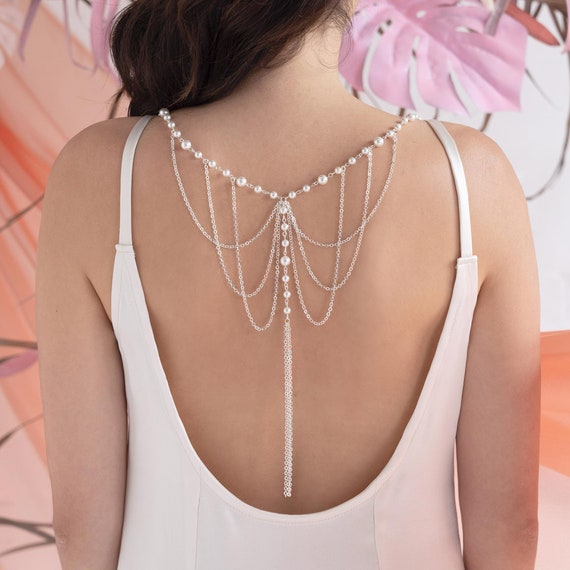 Elegant Back Necklace with Ivory Pearls & Crystals - Jewellery / Necklaces