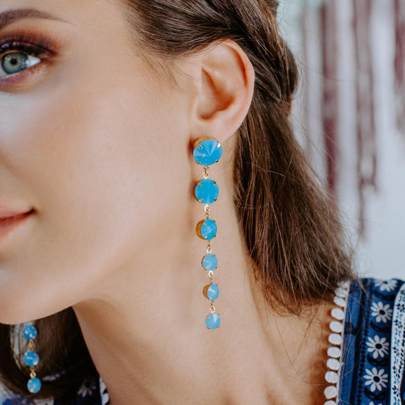 Kelsey Blue Opal Crystal Dangle Earrings, Bridal Earrings, Long Crystal Earrings, White Opal Earrings, Bridesmaid Earrings Gift for Her image 4