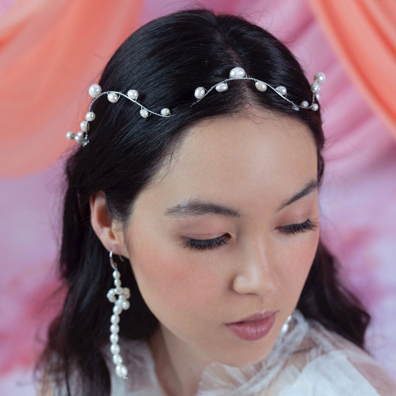 Bekki Freshwater Pearl Crown, Bridal Headpiece, Bridal Hair Vine, Boho Bridal Crown, Bohemian Wedding Headpiece, Wedding Hair Vine image 2
