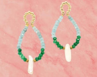 Halley Colorful Stone and Pearl Earrings, Boho Earrings, Boho Jewelry Gift for Her, Bohemian Gemstone Earrings, Natural Stone Earrings
