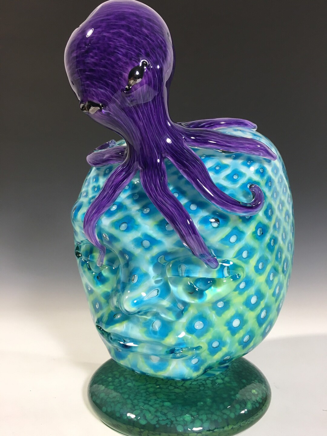 King of the Sea Blown Glass Octopus Sculpture on Blown Glass Head