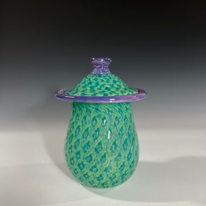 Aqua Purple Lidded Vessel Urn Hand Blown by Glass Artist John Gibbons image 3