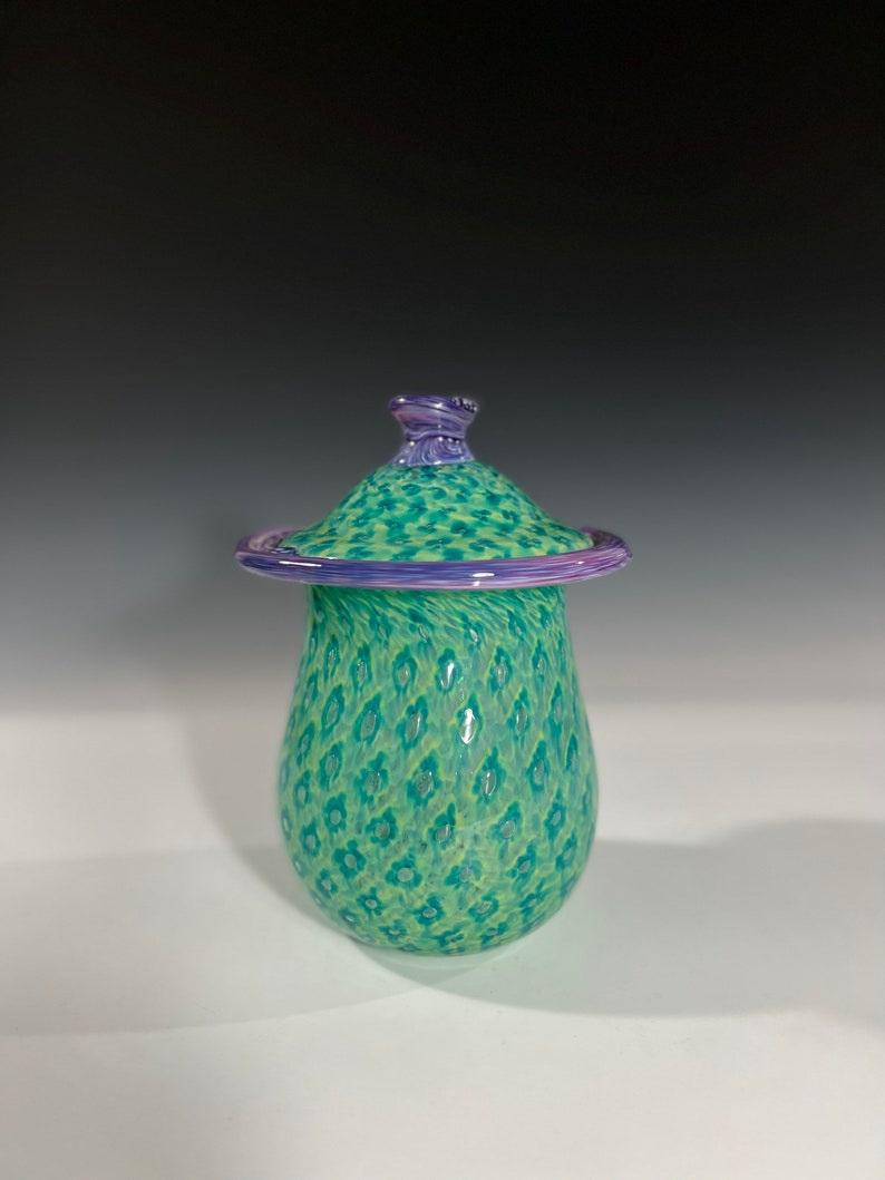 Aqua Purple Lidded Vessel Urn Hand Blown by Glass Artist John Gibbons image 3