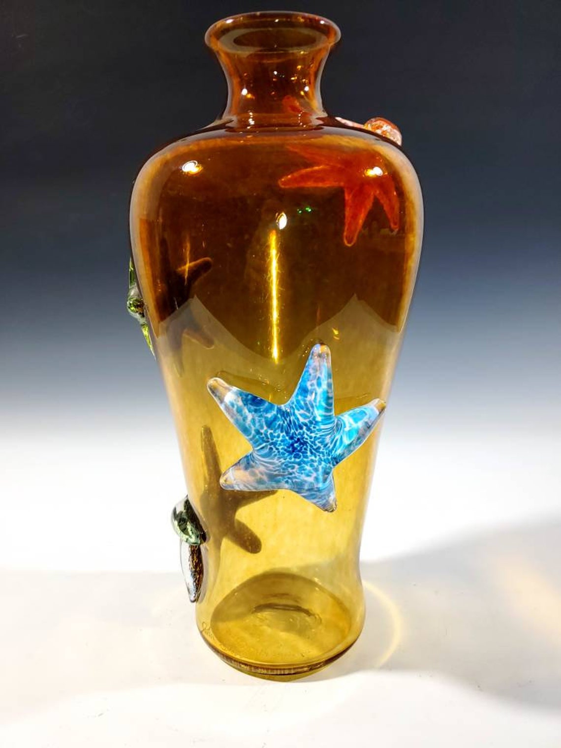 Hand Blown Amber Glass Starfish Vase 14 Inch Handmade Etsy
