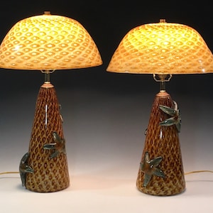 MADE TO ORDER A pair of blown glass amber lamps with starfish. Custom lighting beach house blown glass lamp shade table lamps