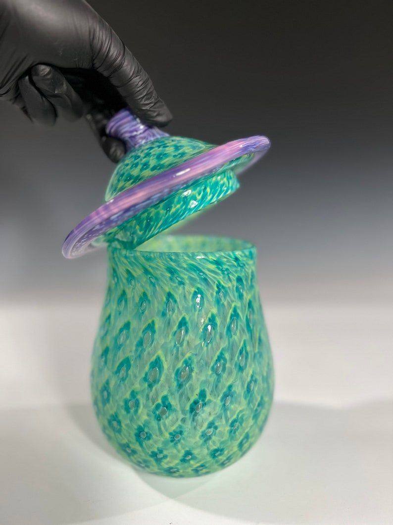 Aqua Purple Lidded Vessel Urn Hand Blown by Glass Artist John Gibbons image 1
