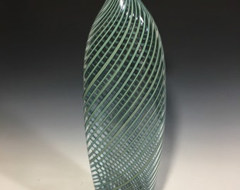 Hand Blown glass Aqua Silver Vertigo Vase tall 22 inch hight custom art glass and home decor gibbons glass