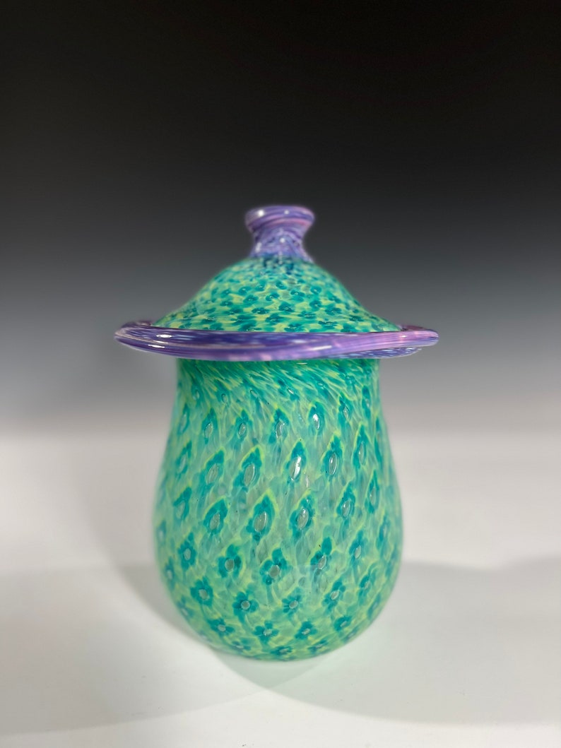 Aqua Purple Lidded Vessel Urn Hand Blown by Glass Artist John Gibbons image 2