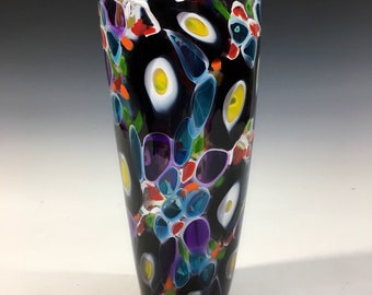 Vase Hand blown glass art Vase murrine vase pink purple blue aqua green black custom glass art John Gibbons Glass yellow