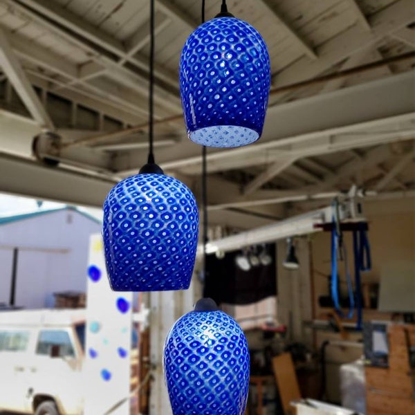 Hand Blown Glass 3-Light Cluster - Pendant Light Fixture - Indigo and White - Handmade Glass Art by John Gibbons Cobalt Blue Made to Order