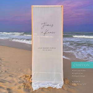 Elegant Chiffon Wedding Welcome Sign – Custom Beach Wedding Decor, Fabric Banner for Destination Wedding, Modern Ceremony Sign LL01023