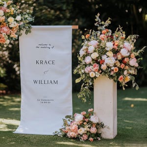 Fabric Wedding Banner, Linen Wedding Sign, Bridal Shower Sign, Wedding Drop, destination wedding, collapsible wooden stand -LL01022