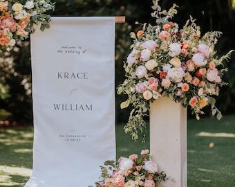 Fabric Wedding Banner, Linen Wedding Sign, Bridal Shower Sign, Wedding Drop, destination wedding, collapsible wooden stand -LL01022