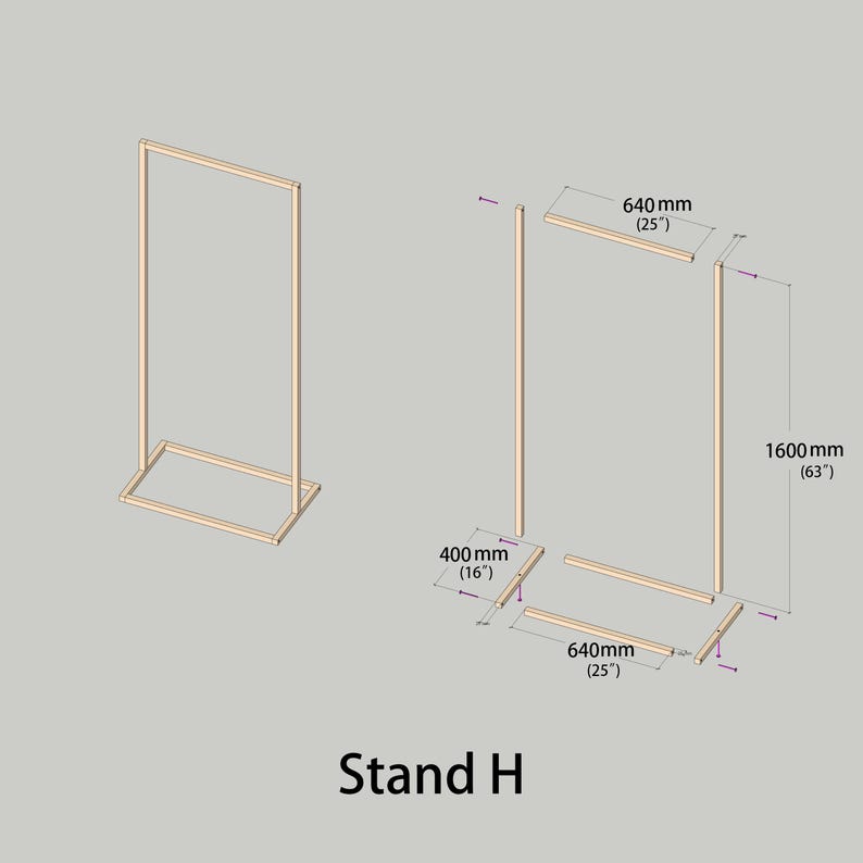 Puede incluir: Un perchero de madera de color claro etiquetado como Stand H, mostrado ensamblado y como componentes individuales con dimensiones de 640 mm de ancho, 400 mm de profundidad y 1600 mm de altura, con una base rectangular y un marco.