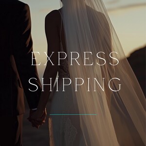 Puede incluir: Una pareja se toma de la mano, la novia lleva un vestido de novia blanco y un velo, con el texto "EXPRESS SHIPPING" en letras blancas sobre un fondo oscuro.