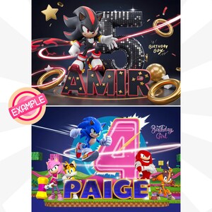K&ouml;nnte beinhalten: Eine Geburtstagseinladung mit Sonic the Hedgehog-Charakteren. Das Bild zeigt eine pinkfarbene Neon-Zahl 4, den Namen PAIGE und einen blauen Sonic-Charakter. Der Text "Birthday Girl" ist ebenfalls enthalten.