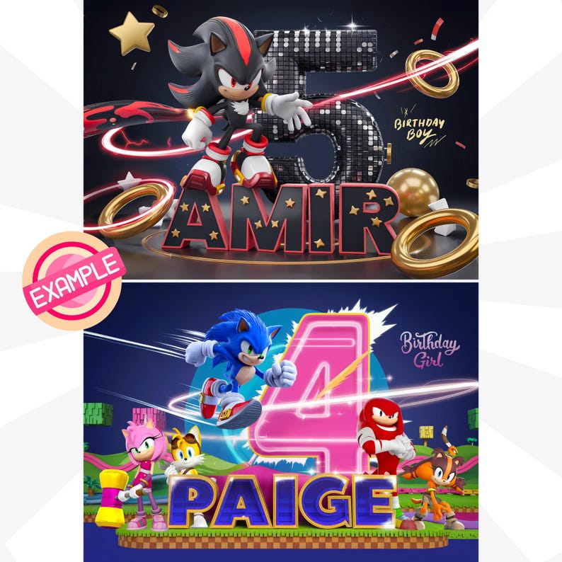 K&ouml;nnte beinhalten: Eine Geburtstagseinladung mit Sonic the Hedgehog-Charakteren. Das Bild zeigt eine pinkfarbene Neon-Zahl 4, den Namen PAIGE und einen blauen Sonic-Charakter. Der Text "Birthday Girl" ist ebenfalls enthalten.
