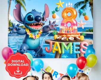 Custom Lilo Stitch Birthday Backdrop, Stitch Party Banner, Hawaiian Character Backdrop, Lilo Stitch Party Decor, Stitch Print Decoration