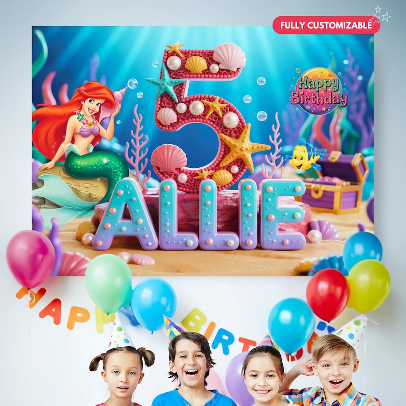 Custom Little Mermaid Birthday Backdrop, Princess Backdrop, Sign Backdrop, Ariel Birthday, Mermaid Tails, Mermaid Backdrop,Princess Backdrop image 1