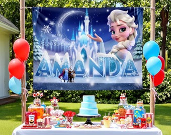 Personalized Frozen Party Backdrop Banner, Birthday Frozen Background, Birthday Banner Party Decoration Print, Frozen Elsa Banner Printable