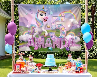 Personalized Rainbow Unicorn Birthday Banner,  Rainbow Unicorn Backdrop, Unicorn Party Decoration, Unicorn Photo Backdrop, Kids Birthday