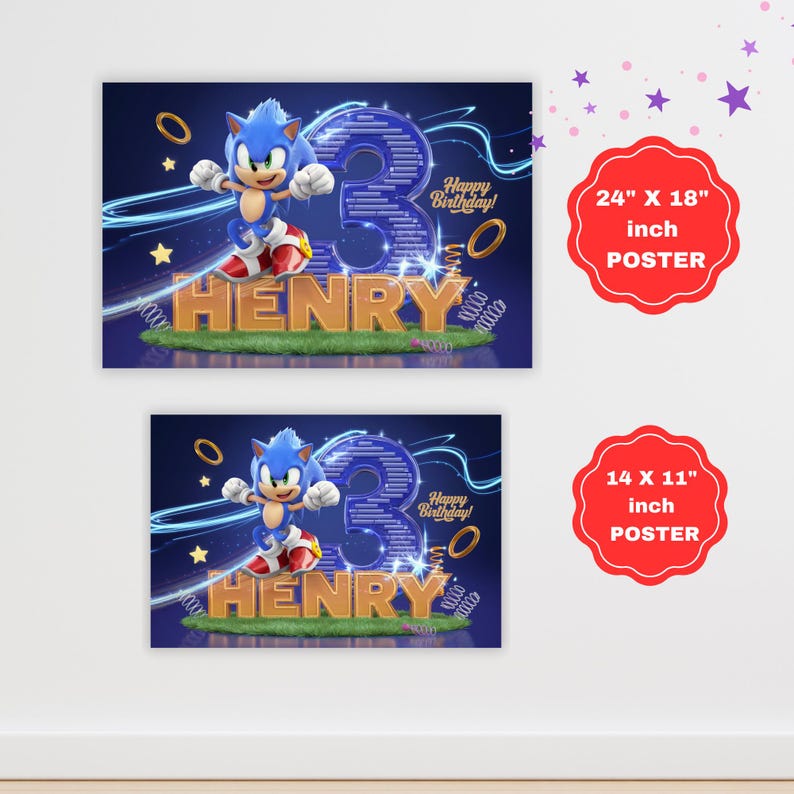 K&ouml;nnte beinhalten: Ein blaues und goldenes Sonic the Hedgehog Geburtstagsposter mit einer 3D-Darstellung von Sonic, der mit einem goldenen Ring rennt. Das Poster ist personalisiert mit dem Namen "HENRY" und dem Text "Happy Birthday!" in einer blauen und wei&szlig;en Schrift. Das Poster ist in zwei Gr&ouml;&szlig;en erh&auml;ltlich: 24" x 18" und 14" x 11".