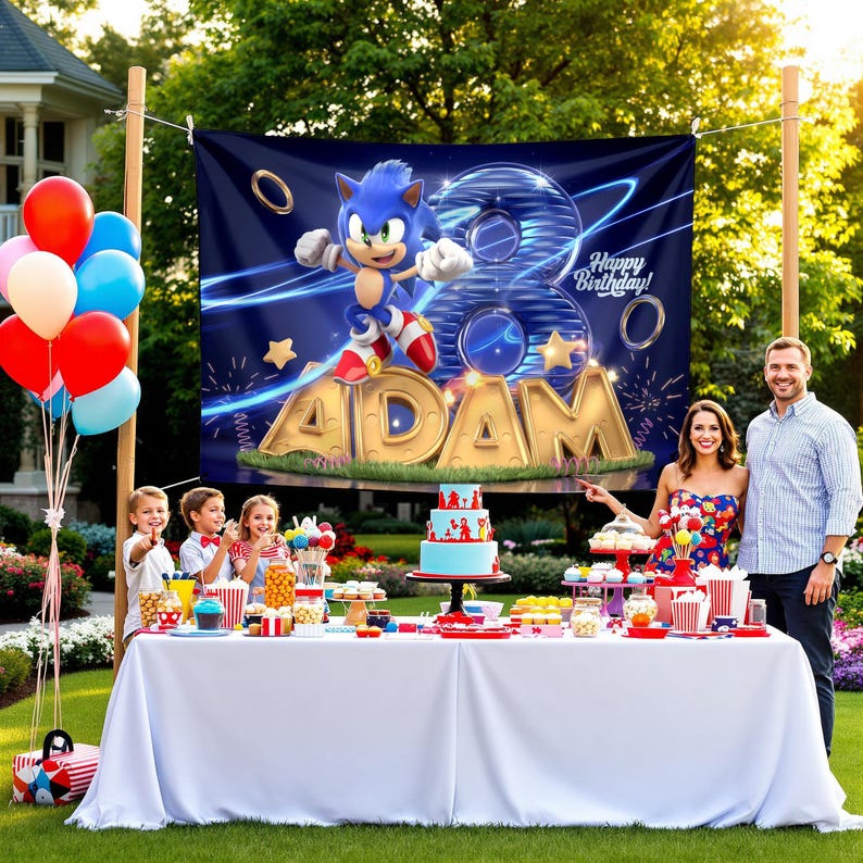 K&ouml;nnte beinhalten: Ein blaues und goldenes Geburtstagsbanner mit einer Comicfigur, Sonic the Hedgehog, und dem Namen "Adam" darauf. Das Banner h&auml;ngt an einem Pfosten vor einem Tisch mit einem Geburtstagskuchen und anderen Dekorationen.