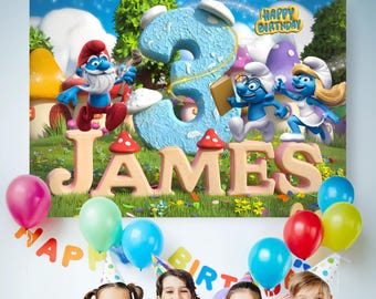 Custom Birthday Backdrop, Smurfs Birthday Banner, Smurfs Party, Printable Banner, Party Printables