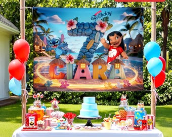 Personalized 3D Stitch Birthday Banner, Stitch & Angel Banner, Custom Stitch And Angel Birthday Backdrop, Lilo Stitch