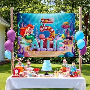 Custom Little Mermaid Birthday Backdrop, Princess Backdrop, Sign Backdrop, Ariel Birthday, Mermaid Tails, Mermaid Backdrop,Princess Backdrop image 2