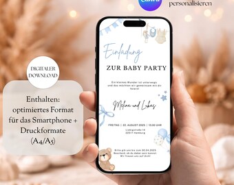 Baby shower invitation, Canva template, digital baby shower invitation, invitation card for WhatsApp, baby shower for boy or girl, e-card in German, GPD-164
