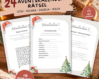 Könnte beinhalten: Drei ausdruckbare Arbeitsblätter mit Weihnachtsrätseln, darunter ein Labyrinth, Buchstabensalat und Lückentexte. Jede Seite zeigt eine Weihnachtsmütze, einen grünen Tannenbaum und deutschen Text. Die Blätter sind für Grundschulkinder konzipiert.