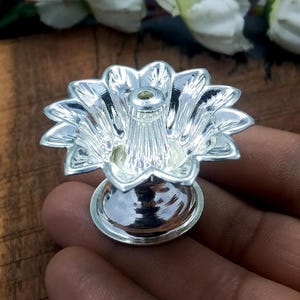 Silver Puja Article, Handmade Solid Silver Oil Lamp, Silver Home Temple Utensils, Lotus Pattern, Indian Puja Item, Temple Accessories