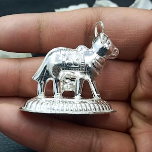 Silver Religious Statue Sacred Kamdhenu Cow Feeding Calf, Lord Krishna Favorite Temple Pooja Hindu Religion