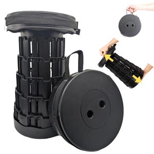 May include: A black folding stool with a padded seat and a carrying handle. The stool is compact and portable, making it ideal for camping, picnics, or sporting events.